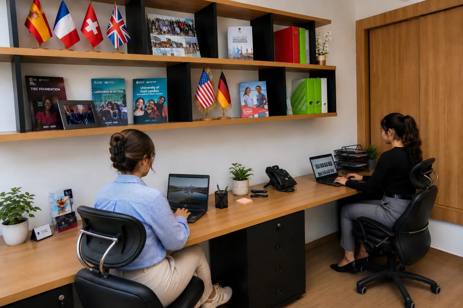 Two TISC advisors at work in front of a shelf of university brochures